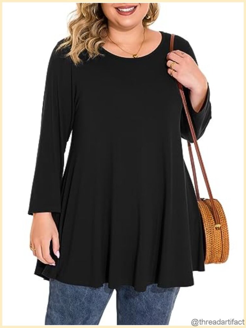 Plus Size Tunic Top 3/4 Sleeve Flowy Hem Round Neck Casual Fall Blouse